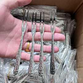 不锈钢锤纹水果叉创意冰裂纹叉子月饼叉水果签二齿叉蛋糕甜品叉子