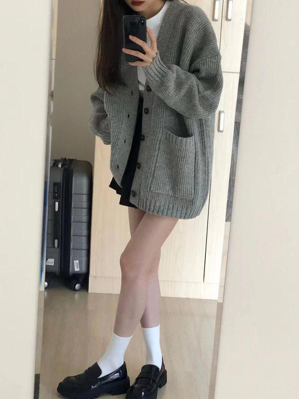 灰色中长款毛衣外套女秋秋外搭外穿慵懒复古奶系穿搭秋秋针织开衫|undefined