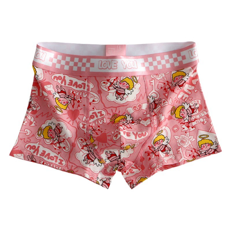 Розовые модные дышащие мужские трусы из чистого хлопка для подростков, милые боксеры со средней посадкой и мультяшным принтом для мальчиков.