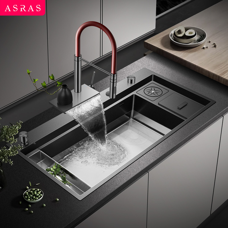 Asas Kitchen Japanese-Style Large Single-Slot Right-Side Drain with Trash Can High-Pressure Cup Washer Gun Black Waterfall Sink