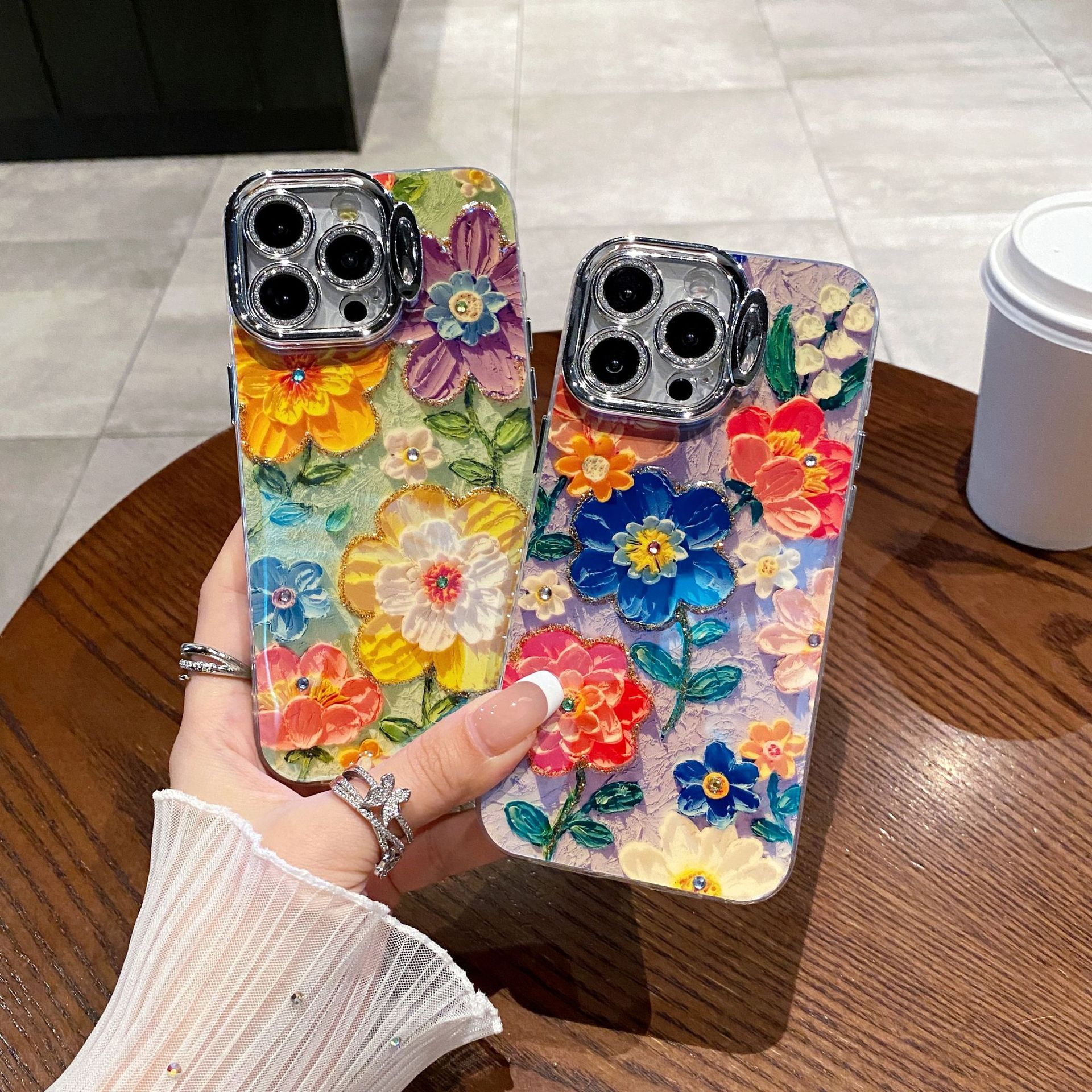 蓝光水钻彩色花朵适用15/14ProMax手机壳苹果13精孔12/11镜头支架