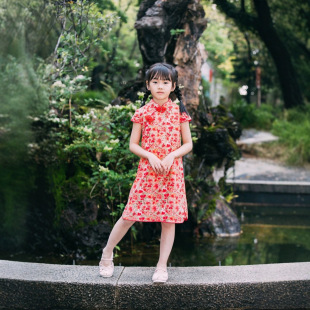 Girl's dress Summer Dress 2025 New Chinese Style Cheongsam Silk Princess Dress Red