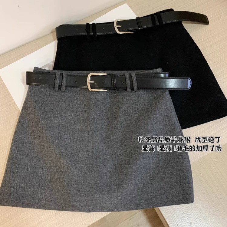 24春秋加厚灰色毛呢半身裙女大码高腰显瘦磨毛西装a字短裙配腰带