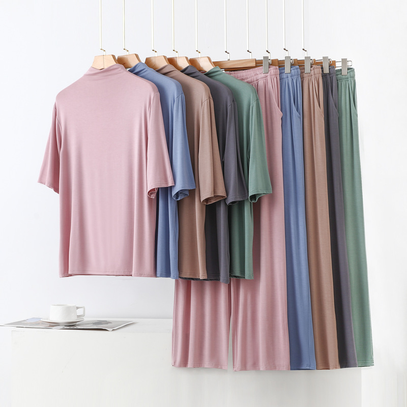 Modal Half-High Collar Five-Quarter Sleeve Plus-Size T-Shirt Loose Slimming Pocket Wide-Leg Pants Summer Sports Casual Set Modal Half-High Collar Five-Quarter Sleeve Plus-Size T-Shirt Loose Slimming Pocket Wide-Leg Pants Summer Sports Casual Set