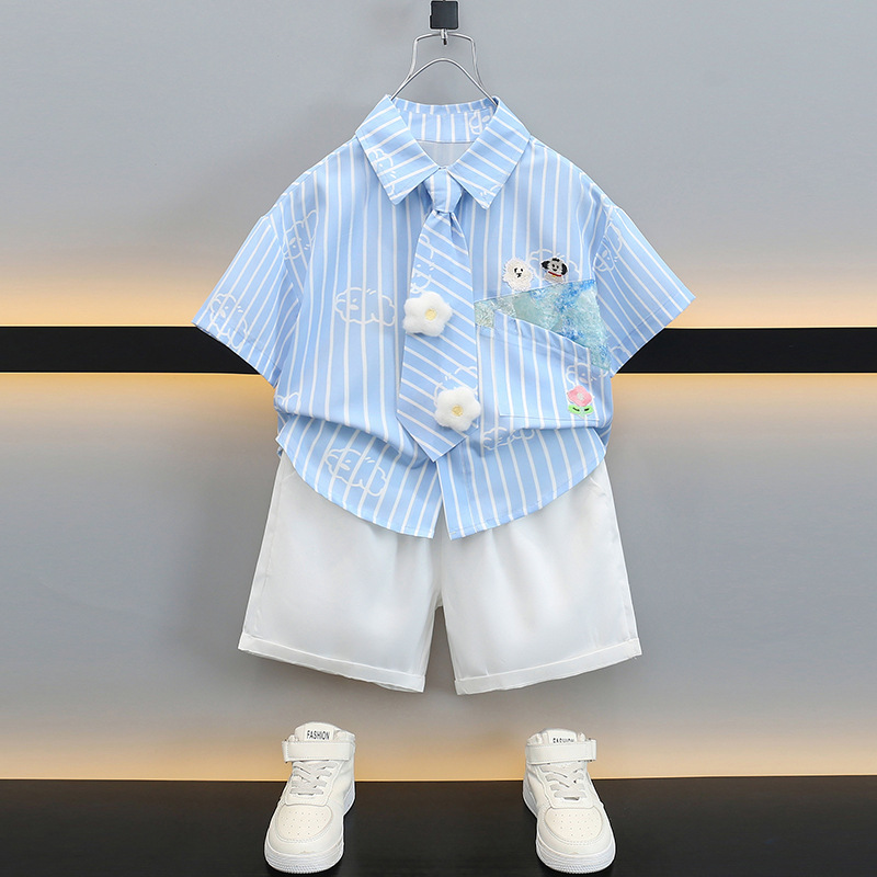 男の子サマースーツ 2025 新しい子供の夏半袖シャツハンサムベビー韓国スタイルルーズツーピーストレンディセット|undefined