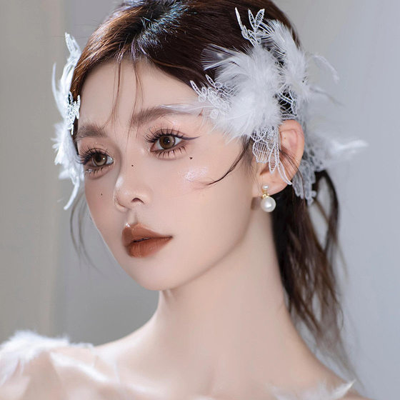 Bride Feather Headdress Lace Headdress Princess Beautiful Photograph Internet Celebrity Wedding Photo Advanced Sense Photo Wedding Hair Accessories