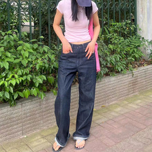 潮牌AT赤耳原牛高腰直筒阔腿牛仔裤女25极简风靛蓝色休闲宽松长裤