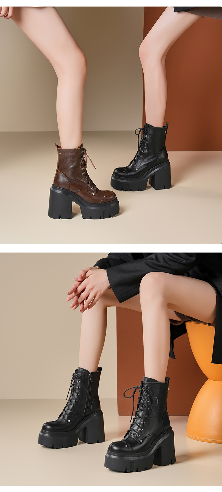 Boot nữ da mềm mũi tròn gót thô đế dày dây buộc — Lót nhung đen chi tiết 1