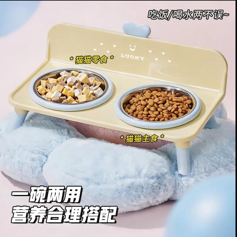 In-Stock Pet Dog Bowl, Stainless Steel Elevated Bowl, Non-Slip, Anti-Spill Cat Bowl, Cat Neck Protection Elevated Double Bowl Pet Bowl