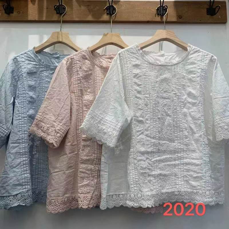 Forest Style Pleated Lace Patch Cotton Top for Women, New Summer Model with Single-Row Buttons on the Back, Youthful and Artistic Versatile Shirt Forest Style Pleated Lace Patch Cotton Top for Women, New Summer Model with Single-Row Buttons on the Back, Youthful and Artistic Versatile Shirt