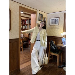 Tweed Style Yellow Short Outwear for Women Spring & Fall High-End Elegant Round Neck Lady Cardigan Outwear Design Long-Sleeved Top