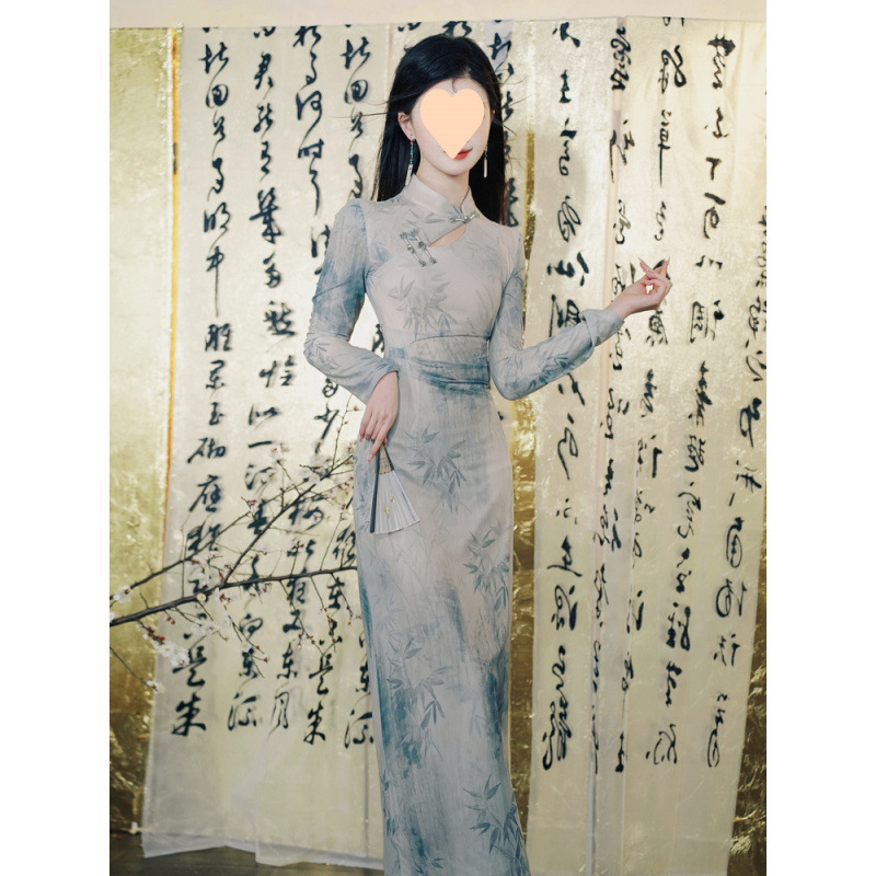 现货望春风新中式复古改良旗袍2025小众晕染竹林清冷感长袖连衣裙
