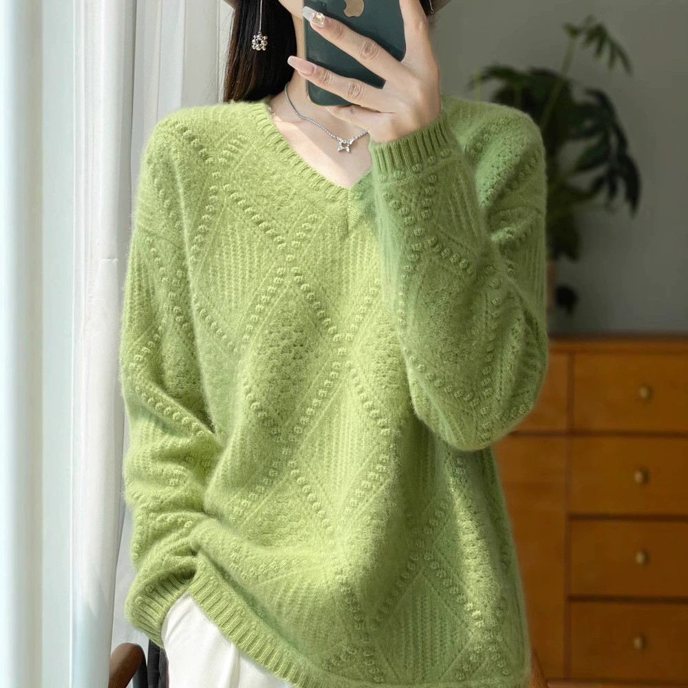 Оптовая продажа: толстый женский свитер из плотной шерсти с V-образным вырезом, пуловер, ромбовидный узор, однотонный, повседневный, с длинными рукавами, мягкий и уютный базовый слой.