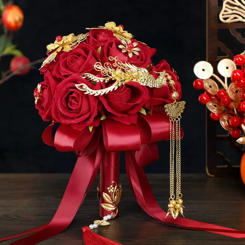 手捧花新郎接亲仿真玫瑰花束秀禾服结婚纱道具成品中式新娘手捧花