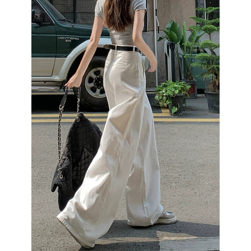 美式白色阔腿牛仔裤女2025高腰显瘦宽松褶皱慵懒垂感直筒裤子春秋|undefined
