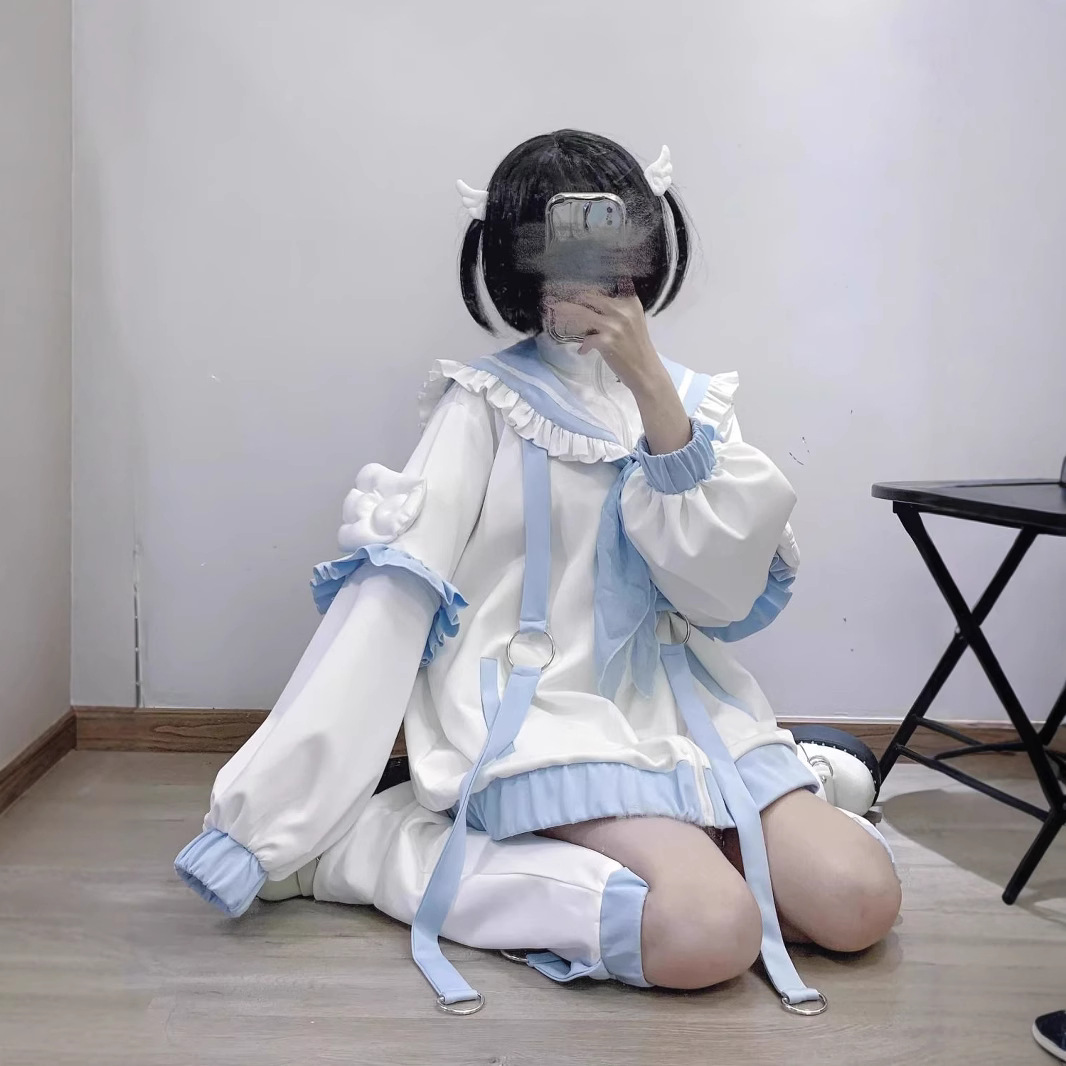 Design-Inspired Aqua-Toned Soft Girl Sailor Collar Jacket for Women, Japanese Subculture Winged Cute Cardigan Top