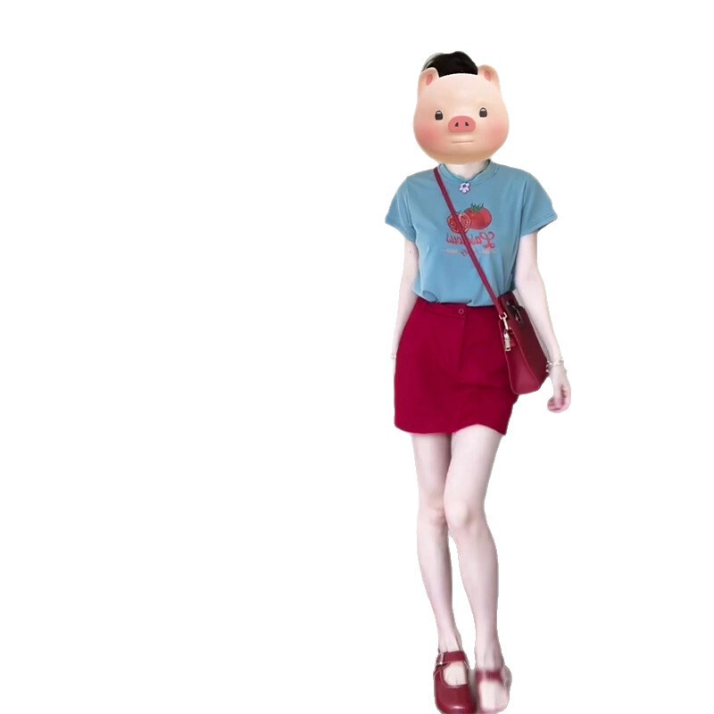2025 新しい夏の女性のフレンチスタイルラウンドネックプリント半袖 Tシャツトップ多用途ハイウエスト痩身スカート|undefined