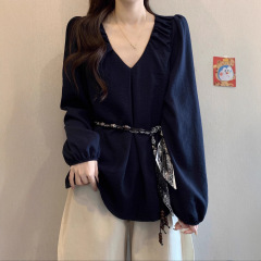 2025法式V领长袖衬衫秋季新款1大码女装胖mm丝巾绑带收腰遮肚上衣