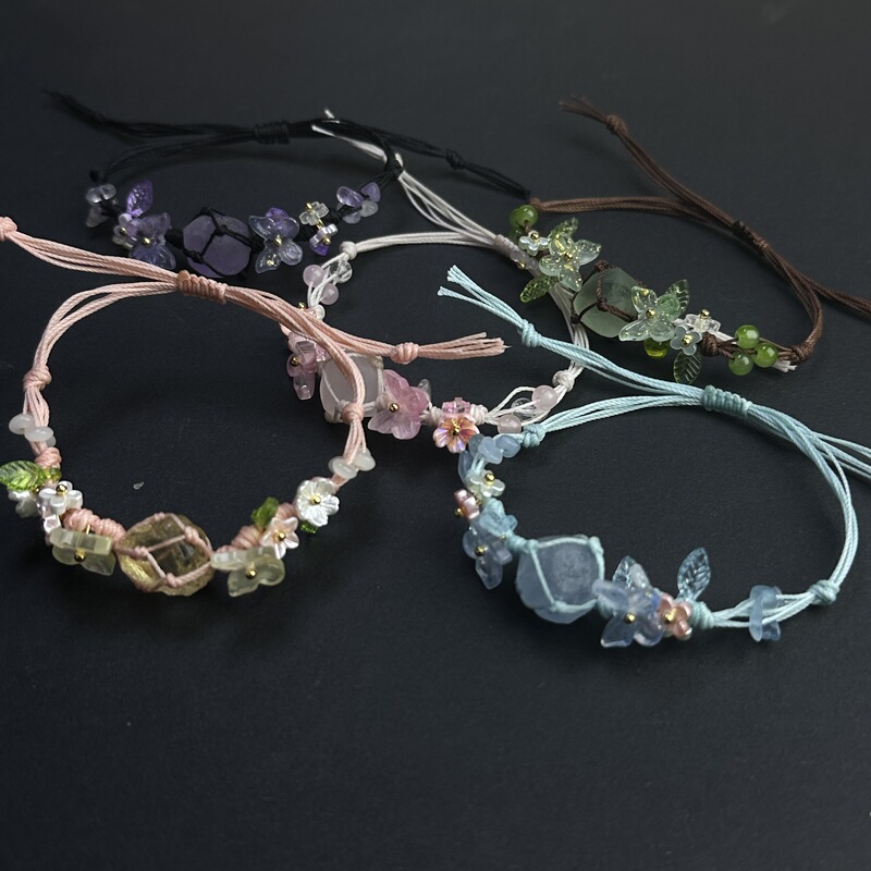 Macrame Crystal Raw Stone Bracelet Braided Rope Xiaohongshu Same Style Original Flower Butterfly Bracelet