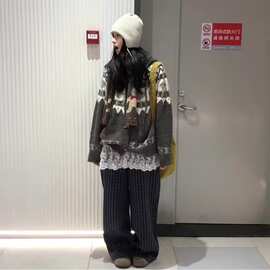 ins风2025年秋冬季新款宽松费尔岛古着羊驼毛牛角扣针织开衫加厚