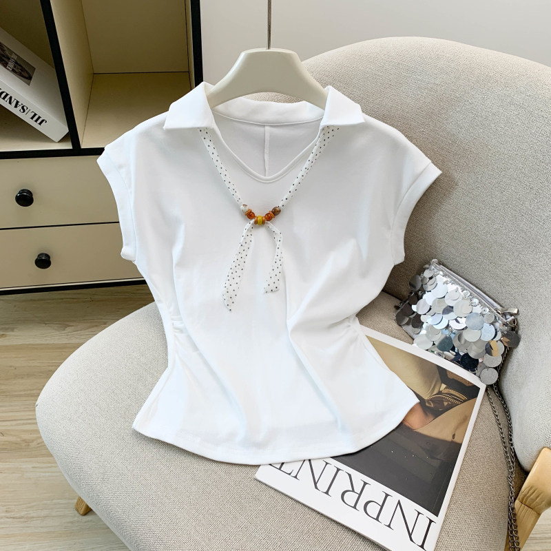 Áo thun polo nữ tay ngắn cổ bẻ kèm khăn lụa phong cách Pháp — màu trắng chi tiết 10