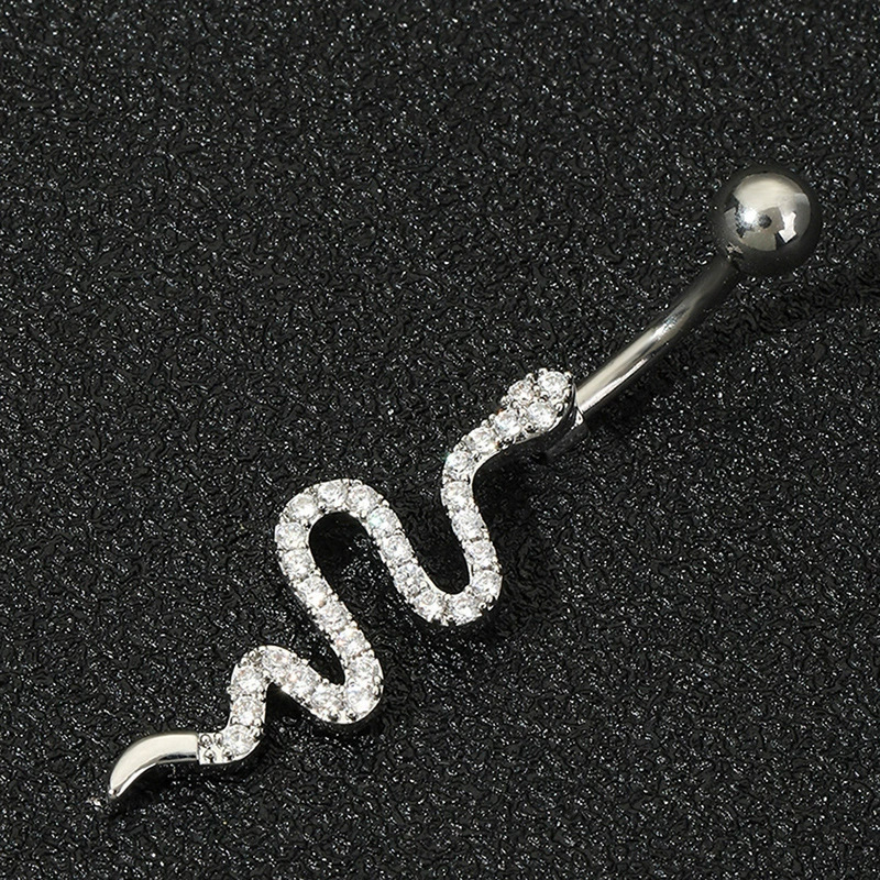 Snake-shaped Belly Button Ring With Diamonds Body Piercing Jewelry_voghion.com