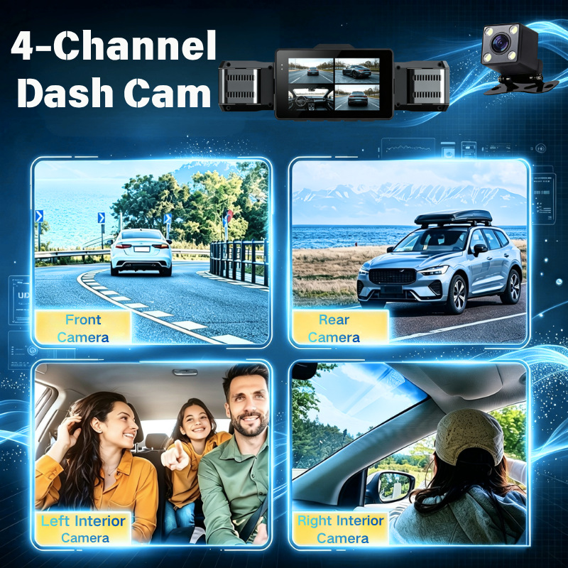 Cross-border four-lens dashcam with high-definition night vision, simultaneous four-record display, mobile phone connectivity, and in-car four-record recorder