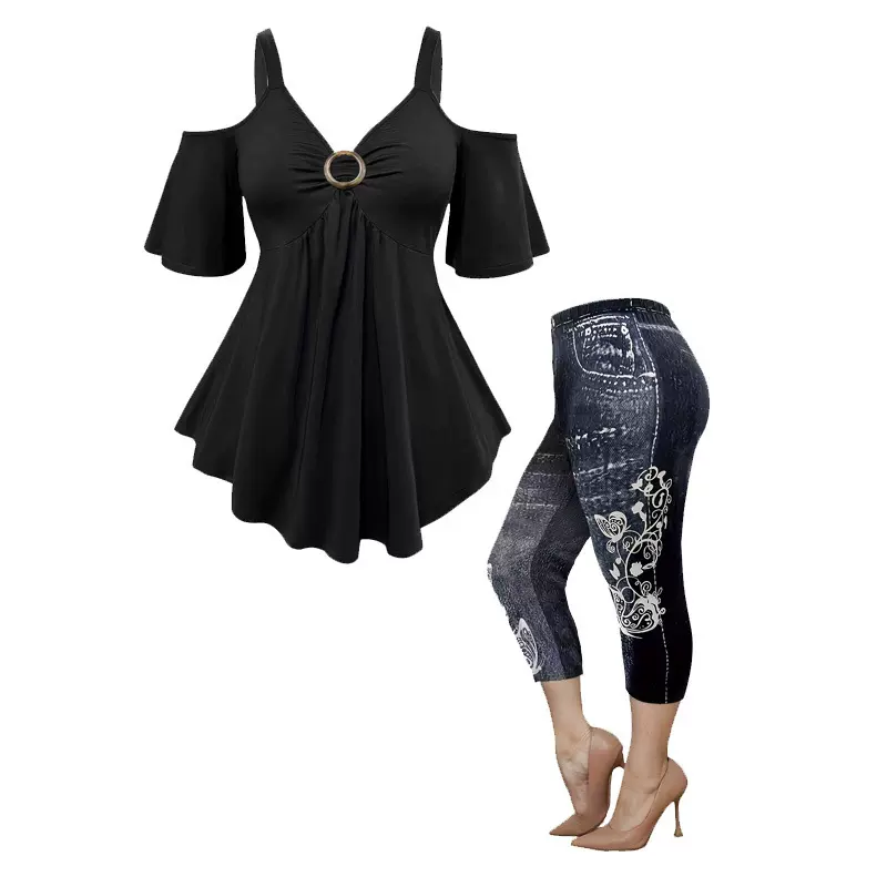 跨境大码女士露肩吊带上衣时尚仿牛仔印花裤子休闲日常显瘦两件套