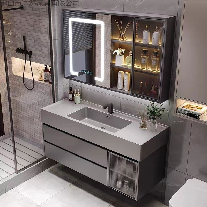 Light Luxury Smart Bathroom Cabinet with Integrated Ceramic Basin, Wall-Mounted Storage Washbasin, Anti-Fog Washbasin Cabinet Set