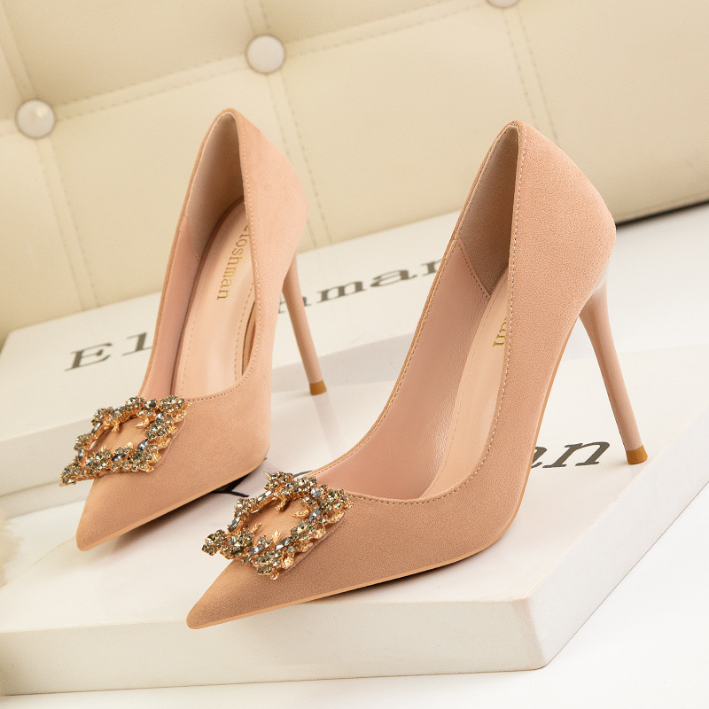 121-16 han edition fashion high heels for women's shoes high heel with shallow mouth sweet tip diamond square buckle suede shoes