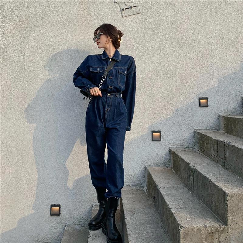 Women's Autumn and Winter Loose and Handsome Overalls, Waist Slimming Dark Jeans, Straight Loose Wide-Leg Pants