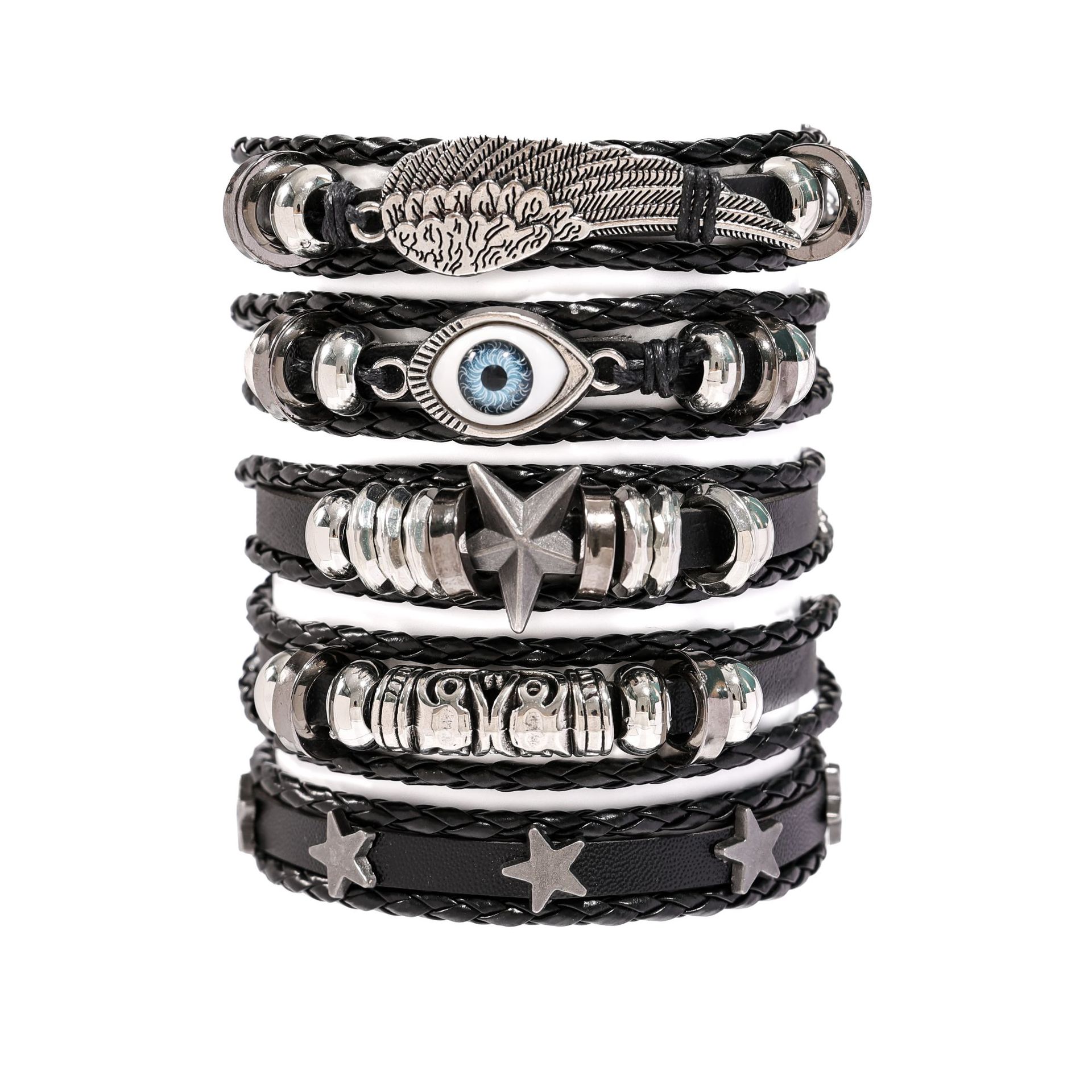 Pulsera de cuero para hombres retro de venta caliente transfronteriza, traje tejido europeo y americano, joyería multicapa, cuerda de mano, suministro directo de fábrica y venta al por mayor