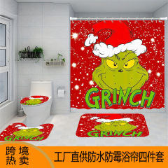跨境热销圣诞系列防水淋浴帘数码印花浴室浴帘四件套防水防霉窗帘