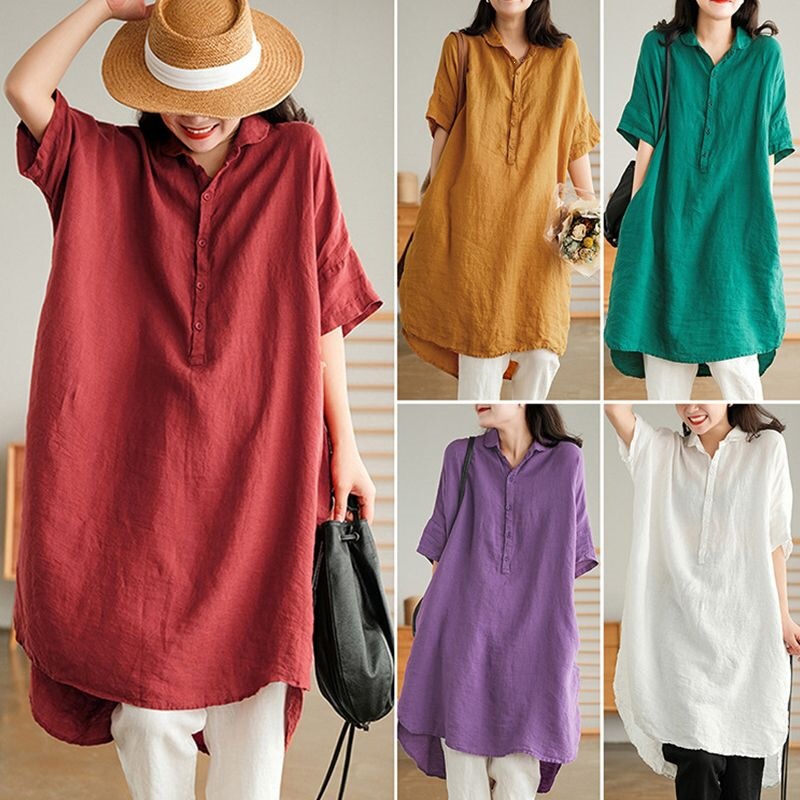 High-End Artistic Cotton and Linen Dress for Women, Summer Half-Sleeve with Side Slits, Solid Color Mid-Length Shirt Dress for Women