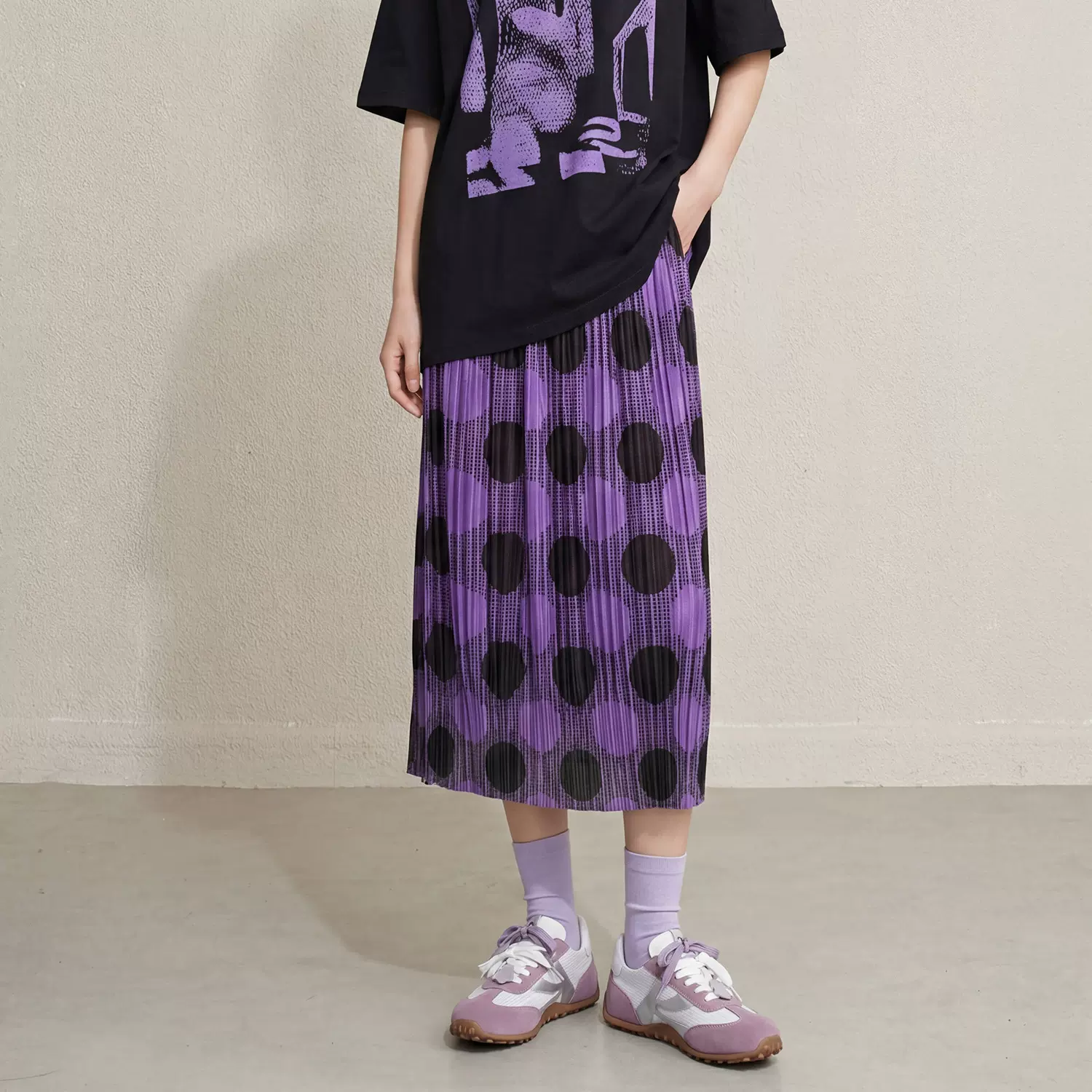 直播爆款 三宅风压褶半身裙 三色可选高腰撞色波点高腰显瘦长裙