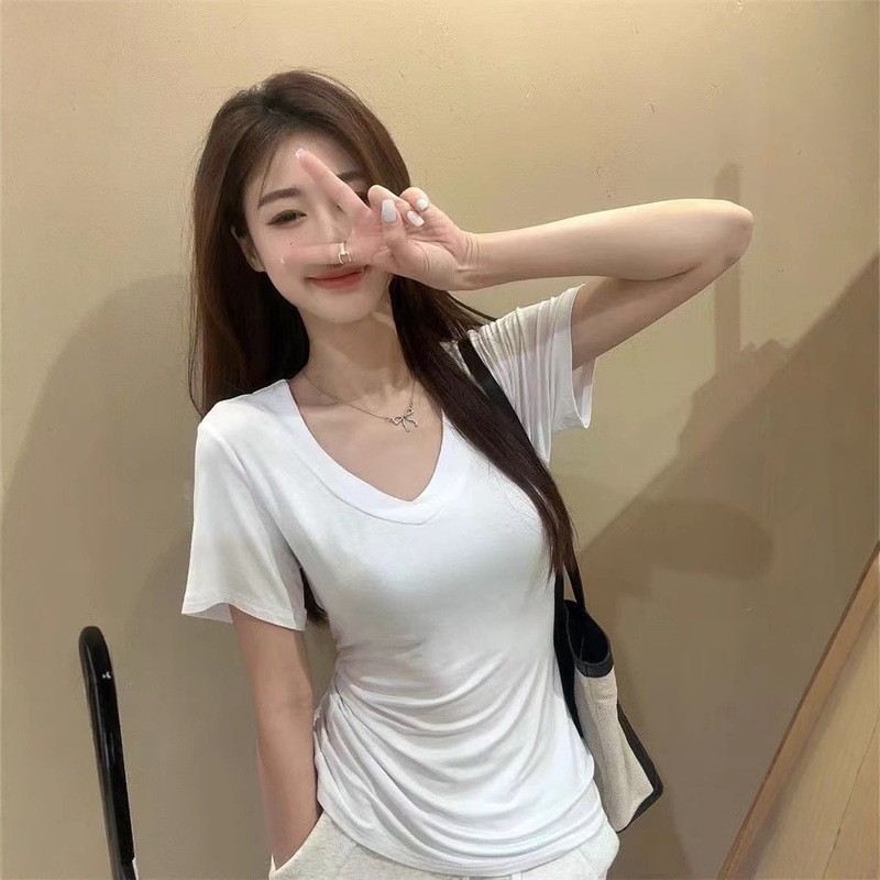 小心机设计感V领短袖女2025夏季新款辣妹上衣外贸东南亚欧美T恤潮|undefined