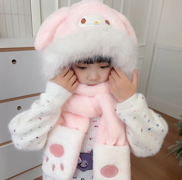 かわいい熊の帽子の子供の秋冬の3つのセットの保温のぬいぐるみの帽子のマフラーの手袋の3つのワンピースの帽子|undefined