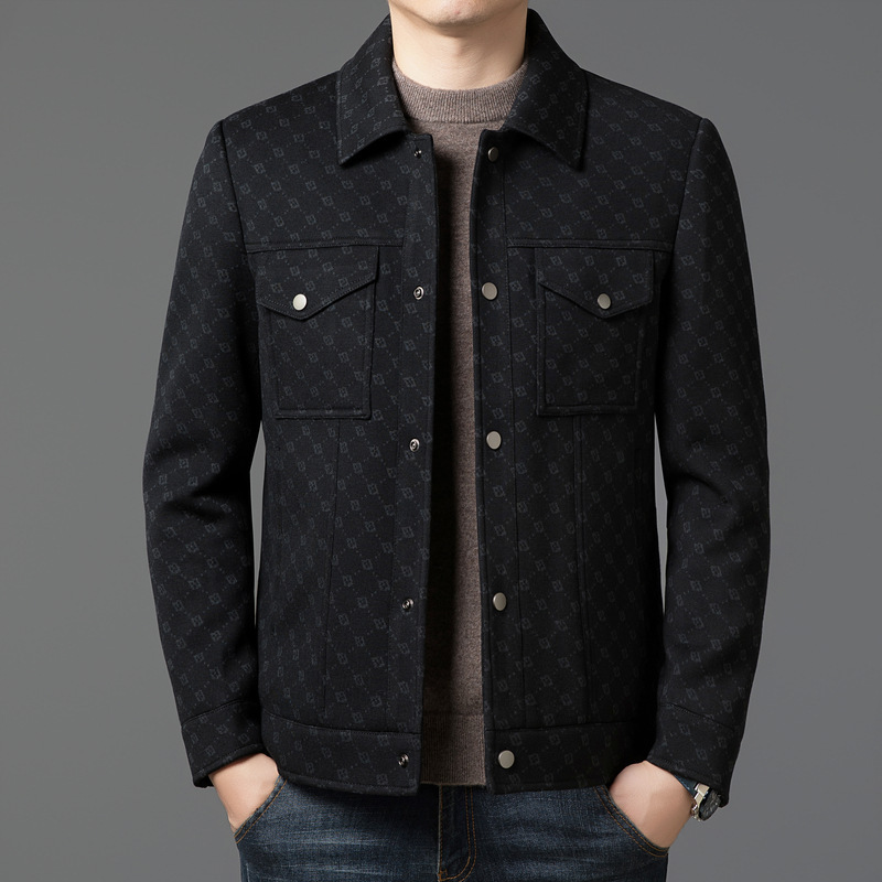 Men's dark pattern jacquard wool jacket, short style with a stand-up collar, winter thickened with duck down filling, a luxurious and stylish business casual option Men's dark pattern jacquard wool jacket, short style with a stand-up collar, winter thickened with duck down filling, a luxurious and stylish business casual option