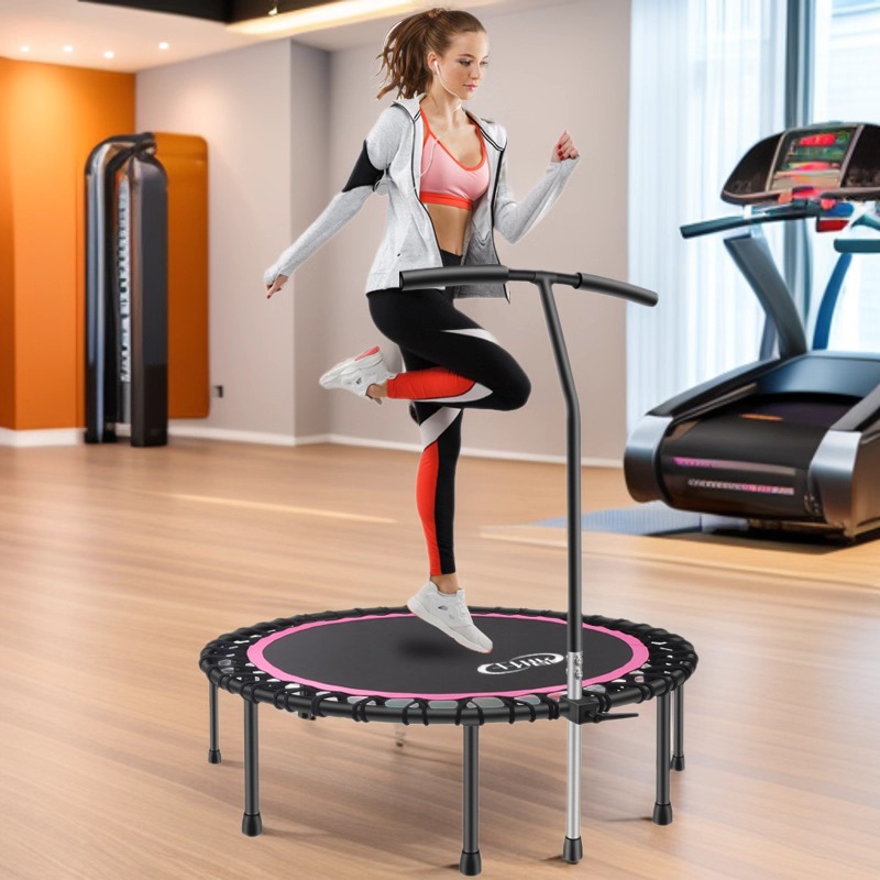 Fitness Trampoline with Handrails, Round Commercial Gym Trampoline, Elastic Rope Jumping Bed, Adult Trampoline