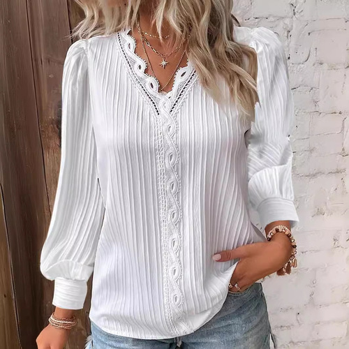 2025 Independent Station Wish Autumn Long-Sleeve V-Neck Lace Splicing Blouse Women's Shirt Women's Clothing