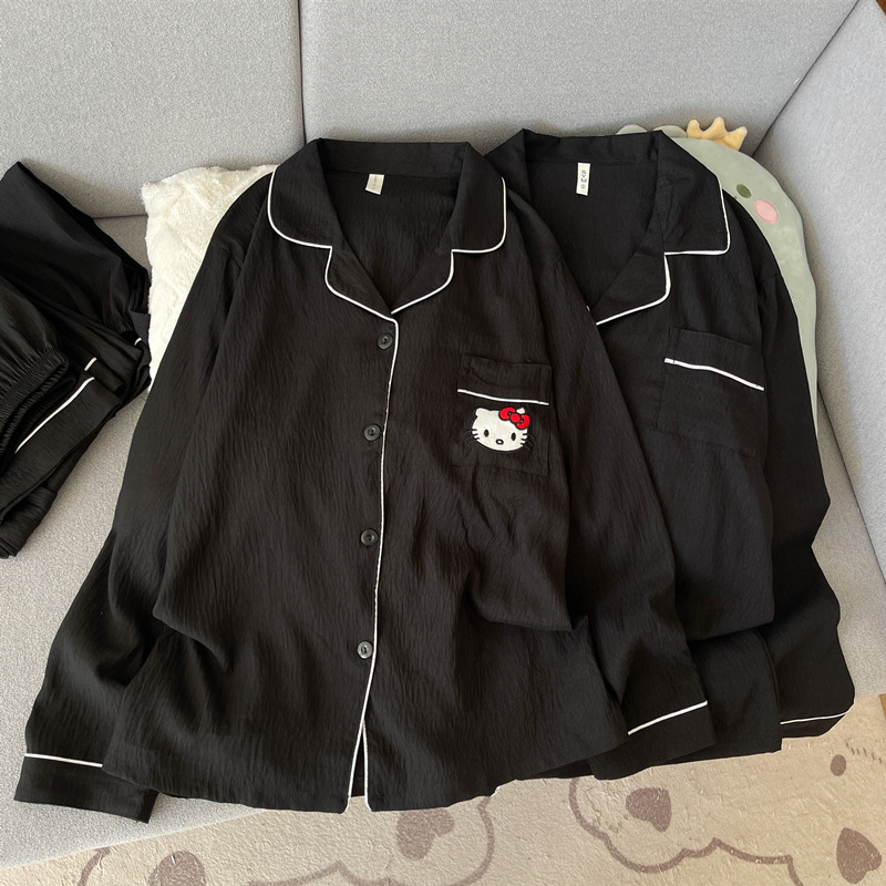 Pao azul a cuadrícula HelloKitty algodón gaza pareja pijama mujer primavera y otoño de mangas largas ropa de casa de hombre verano