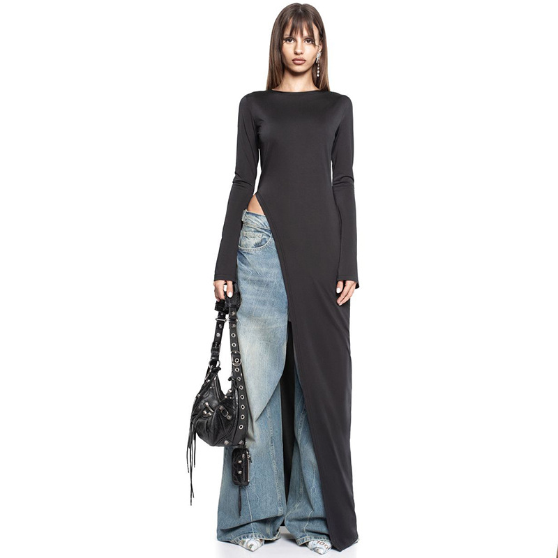 Polyester, Milk Fiber Fabric Type Wholesale Women's Streetwear Slit Dress Solid Color Holiday Round Neck Long Sleeve Slit Dress