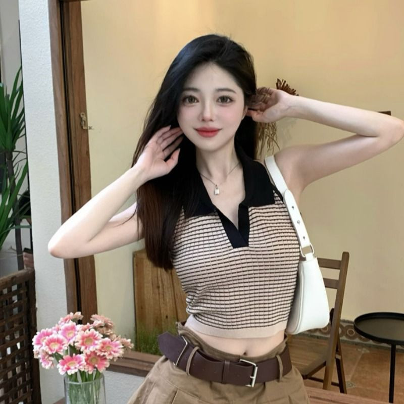 Hot Girl Off-Shoulder Polo Collar Short Top for Women, Summer Sexy Crop Top with Contrasting Color Stripes and Turn-Down Collar, Sleeveless Tank Top