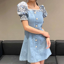 牛仔连衣裙碎花拼接2025新春夏季一字肩拉链款减龄显瘦短袖牛仔裙