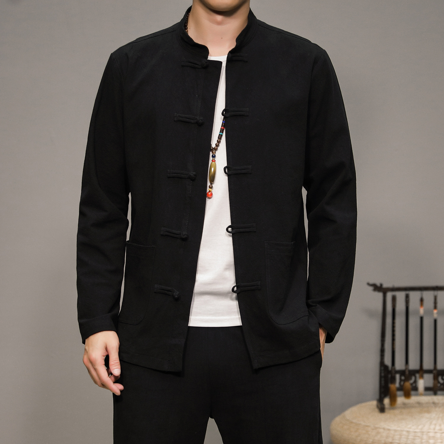 Camisa de lino de la marca de moda de los hombres traje de Tang retro camisa de manga larga de color sólido todo fósforo de algodón y lino superior estilo chino mejorado Hanfu