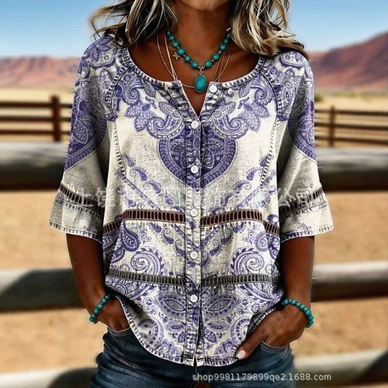 2026 Amazon Cross-Border Independent Site Hot-Selling European and American Fashion Women's Loose Casual Three-Quarter Sleeve Round Neck Batwing Shirt