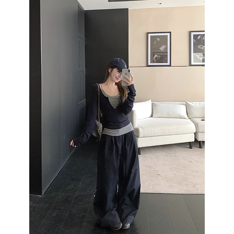 纯欲辣妹拉链开衫叠穿内搭背心女早秋宽松休闲藏青色阔腿裤两件套|undefined