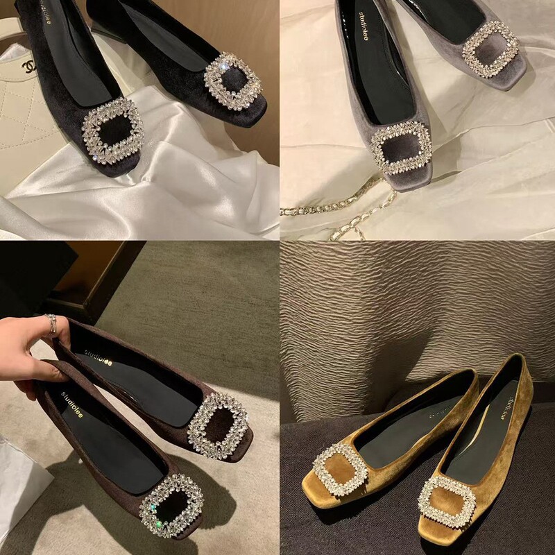 羊皮网红同款贵气丝绒水钻方扣浅口低跟单鞋女通勤百搭平底宴会鞋|undefined