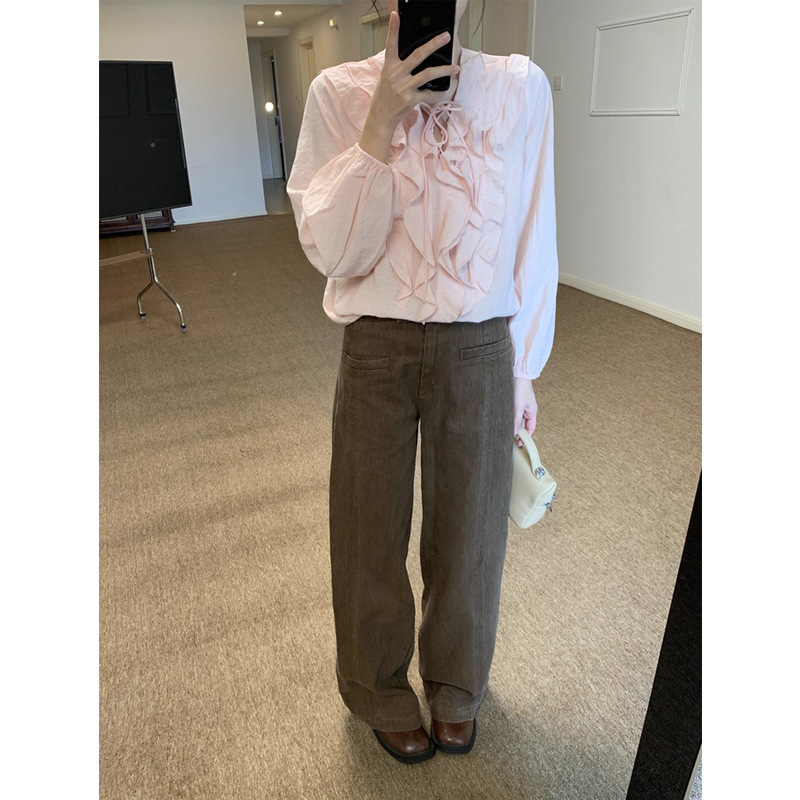 法式温柔时髦粉色荷叶边系带上衣女早秋高级感长袖V领衬衫2025秋|undefined