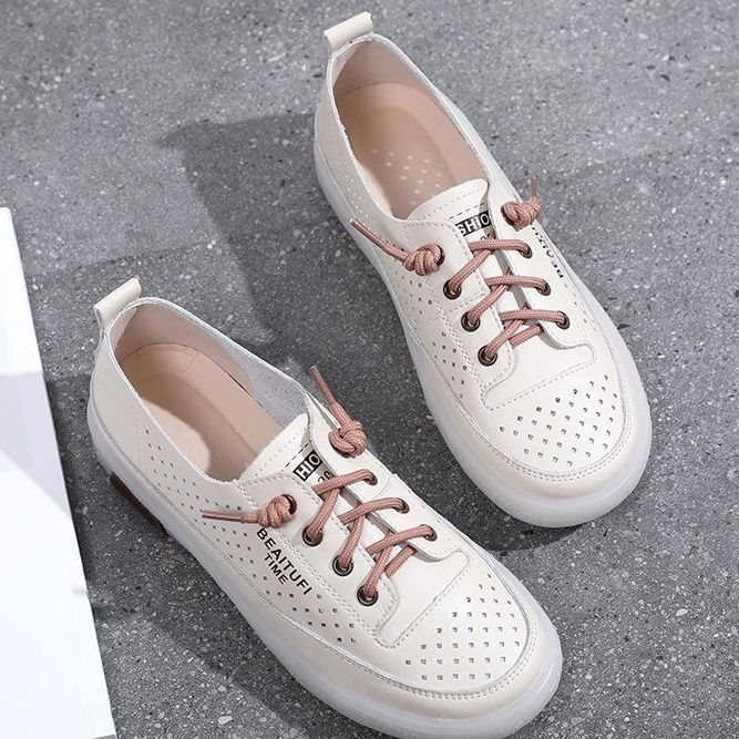 Soft Leather White Shoes 2022 Spring and Autumn New Style Hollow-Out Versatile Flat Sneakers Casual Sports Perforated Women's Shoes